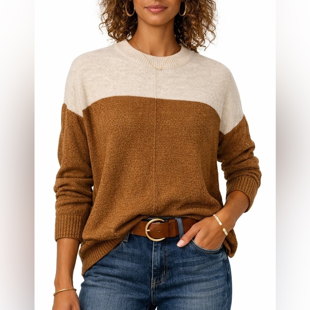 Vince Camuto Toasted Brown Cream Colorblock Sweater Size M Crewneck